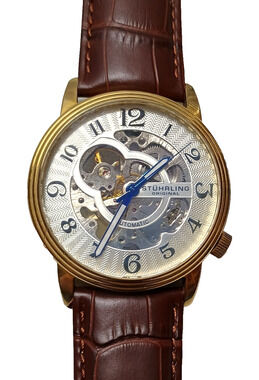Stuhrling Delphi Oracle 107BG Automatic 44mm Skeleton Watch Gold toned Leather